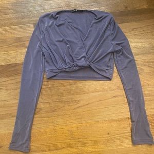 Long Sleeve Overlap Lightweight Shimmer Cropped Top